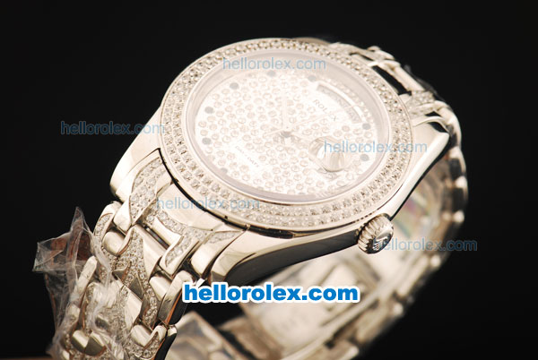 Rolex Day-Date Swiss ETA 2836 Automatic Movement Diamond Dial with Diamond Bezel and Diamond Strap - Click Image to Close
